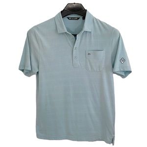 Travis Mathew Medium light blue w/ light grey stripes short sleeve polo‎ shirt.